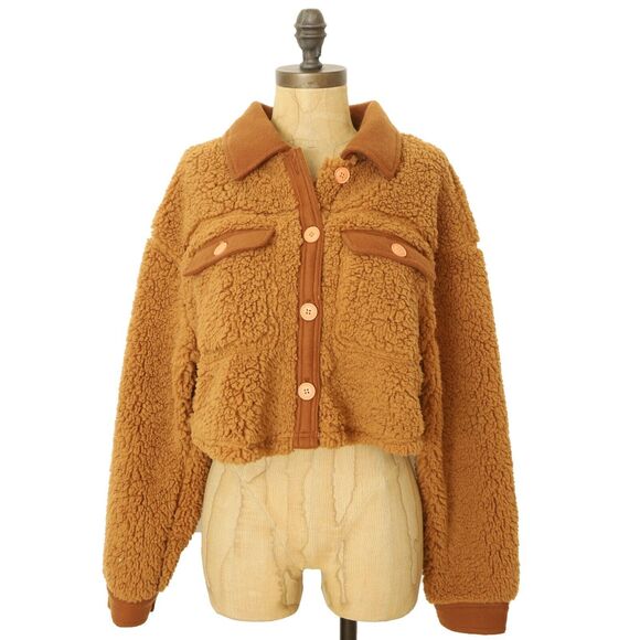 PACSUN Cropped Homecoming Shacket Small S Jacket Faux Fur Button Brown NWT B89 - Picture 2 of 6